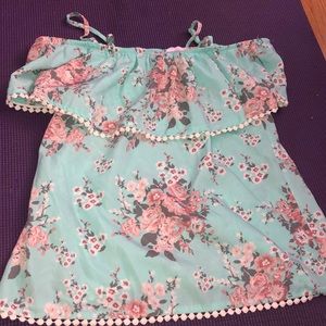 off the shoulder light blue floral blouse